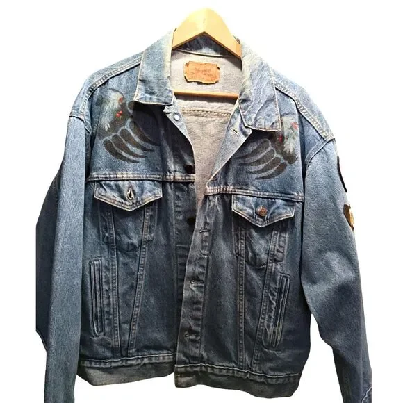 VINTAGE Custom 80s LEVI'S Patches DENIM Jean TRUCKER JACKET Harley MADE IN USA - Picture 2 of 7